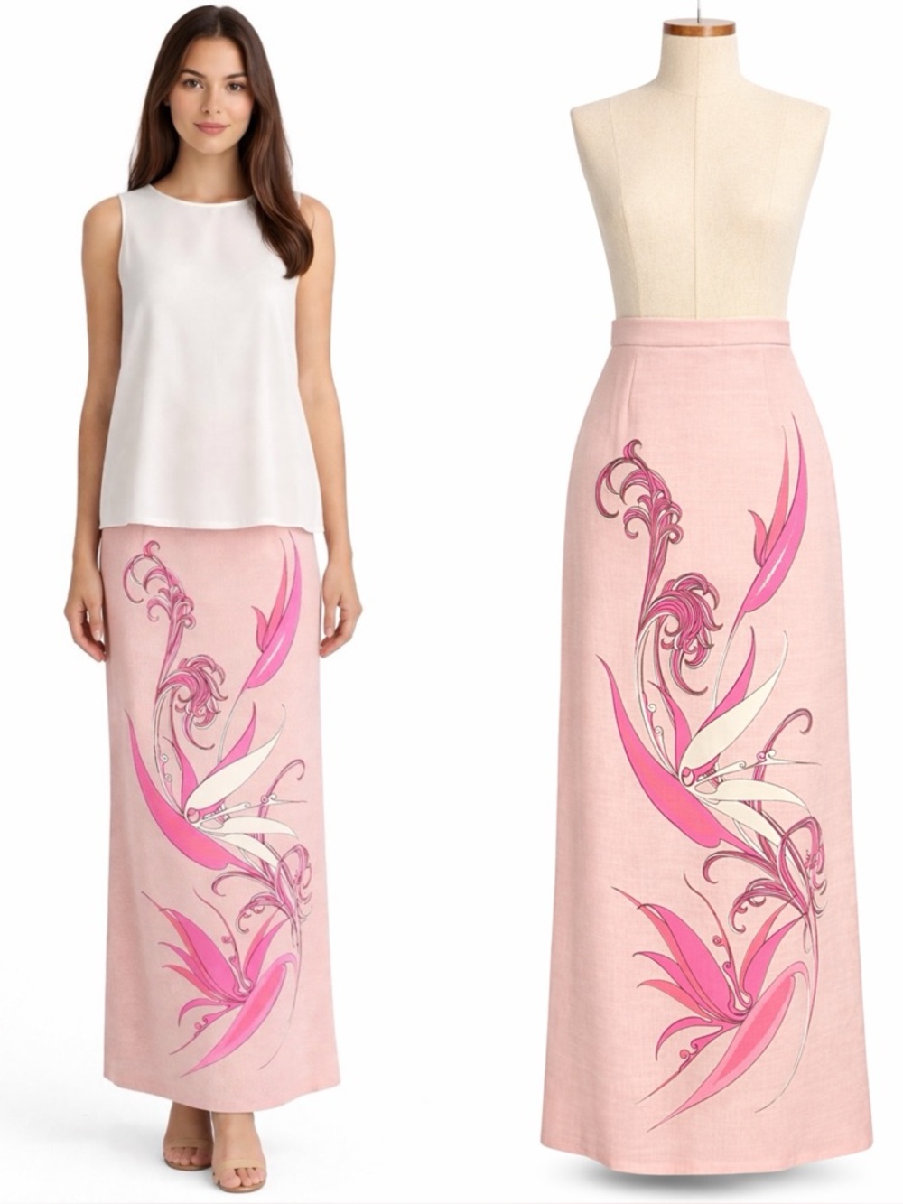 Vintage pink mid century maxi skirt- painted floral design- XS - Picture 3 of 7